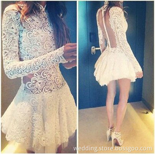 Long Sleeve Lace Short Party Dress White Handmade Homecoming Dresses